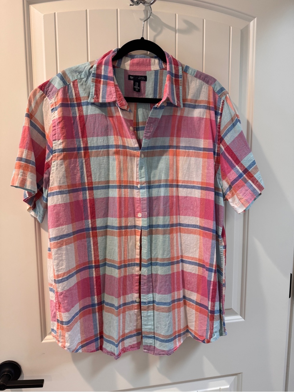 GAP Men’s Short Sleeve Madras Plaid Button-Down Shirt - Pink, Red, Blue, Orange